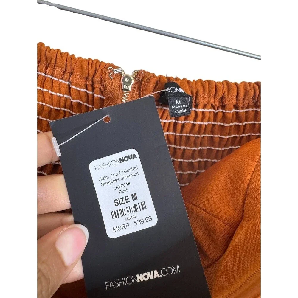 Fashion Nova Jumpsuit Womens Size M orange brown Strapless Sweetheart Wide-Leg - Picture 4 of 7